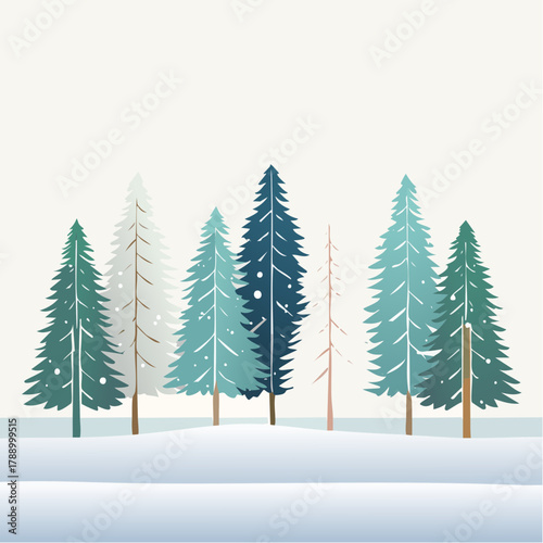 Winter Landscape A Serene Scene of Evergreen Trees in a Snowy Field, Illustrated in Vector Art