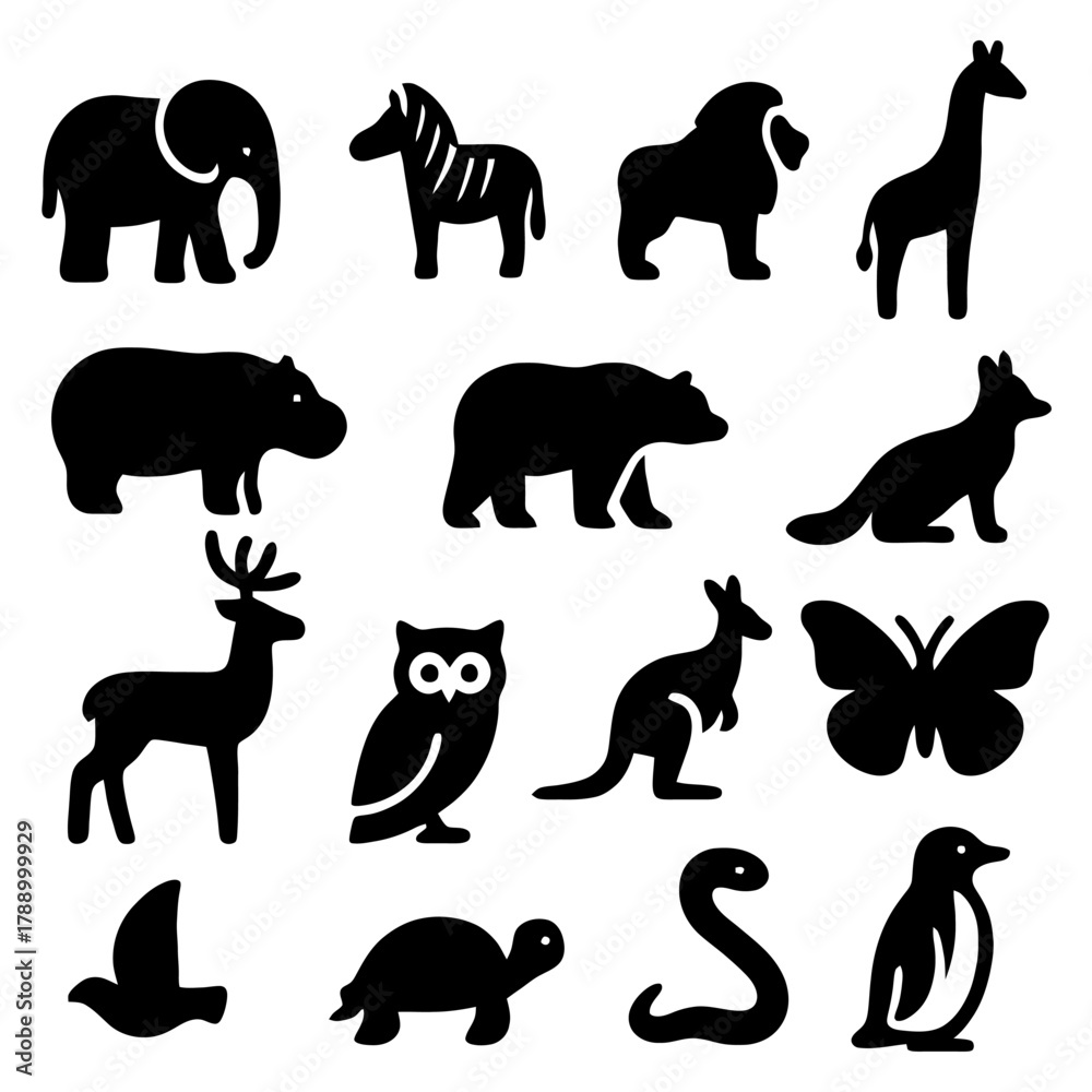 Fototapeta premium Animal Silhouette Collection: A diverse collection of animal silhouettes, perfectly crafted to capture the essence of different species in a simple, impactful visual language.