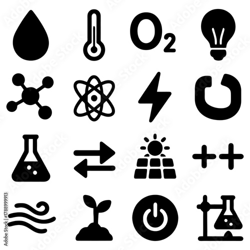 Science and Energy Icons: A collection of concise icons depicting crucial elements of science and sustainable energy, ready for impactful communication and creative designs. 