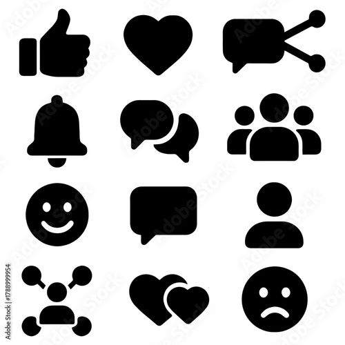 Digital Emoticons Icons: A collection of various simple and stylized black social media icons, conveying a range of human emotions, for digital use.