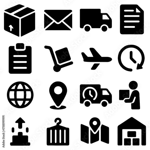 Delivery Icons and Concepts: Illustrative representation of shipping and delivery services, with a range of icons encompassing the entire process.