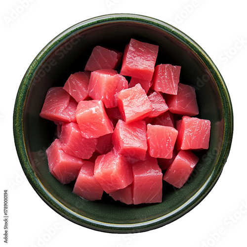 Raw Tuna Cubes in a Green Ceramic Bowl on Transparent Background – Top View