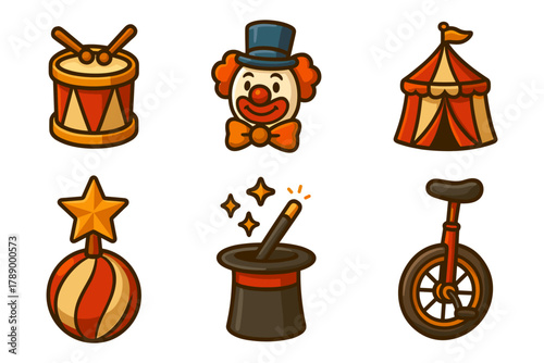 Circus cartoon icons set, clown and magic show