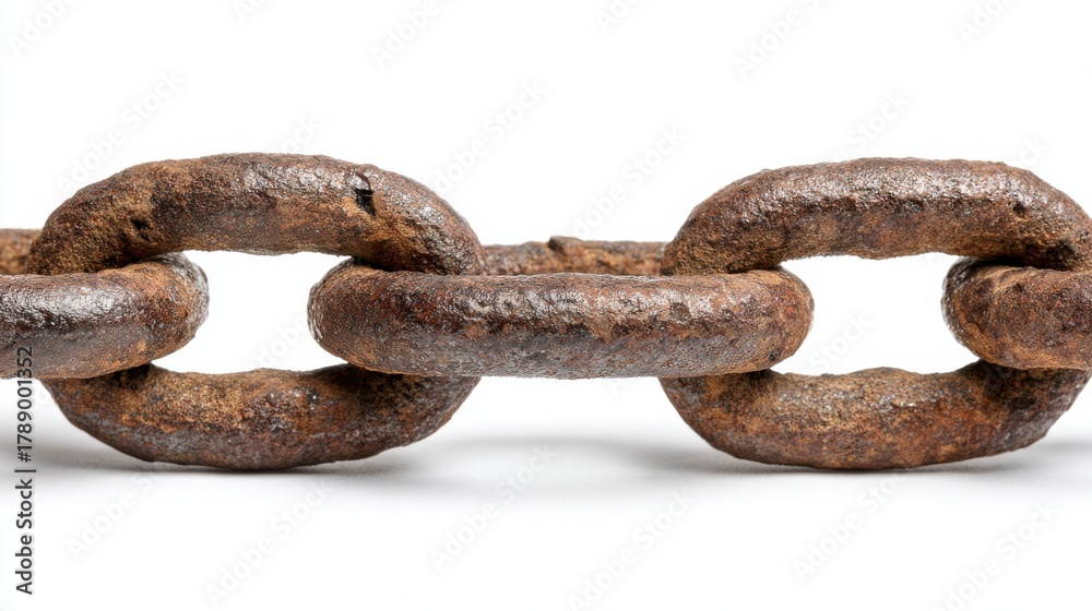 Obraz premium Close-up view of an old rusty chain showcasing the rough texture and wear of the metal links. This reflects the history and durability of industrial materials over time.