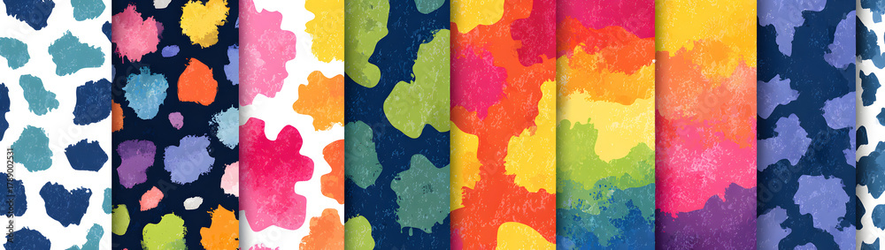 Collection of modern abstract seamless patterns with natural colorful shapes or blots on white background. Trendy motley vector illustration in flat style for wrapping paper, textile print, wallpaper.