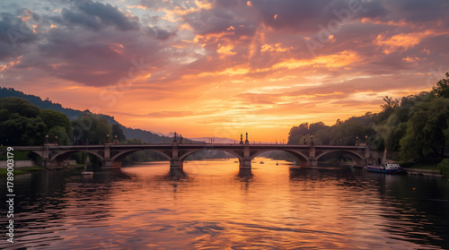 Majestic stone bridge with arched spans over calm river at fiery sunset, reflecting warm orange sky and green treelines