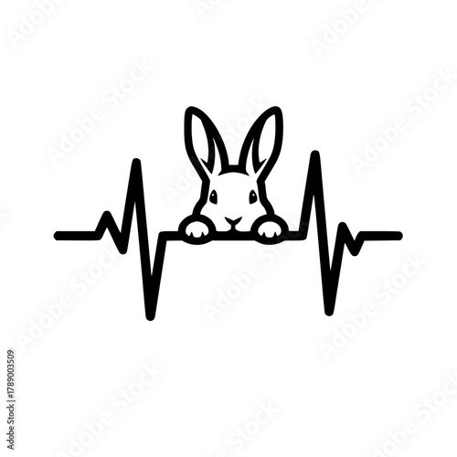A stylized illustration depicts a heartbeat line interwoven with a rabbit image, creating a unique symbol of vitality and connection. vector illustration