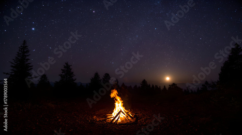 Campfire glowing brightly under a starry night sky with distant planet in dark forest clearing