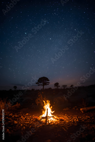 Crackling campfire illuminating a dark night sky filled with countless stars and silhouetted trees in a remote wilderness