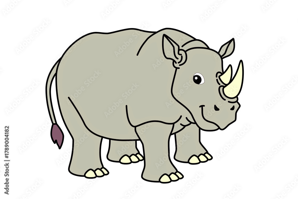 Fototapeta premium 4k cartoon rhinoceros standing with a cheerful expression and a curled tail