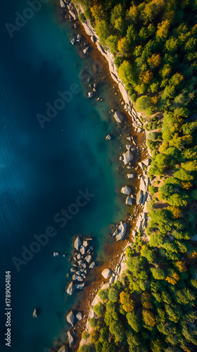 High aerial view of pristine mountain lake shoreline with deep blue water, rocky edge, and dense green and golden autumnal forest