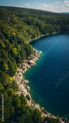 Serene blue lake curves along rocky shoreline bordered by lush green pine forest under clear sky