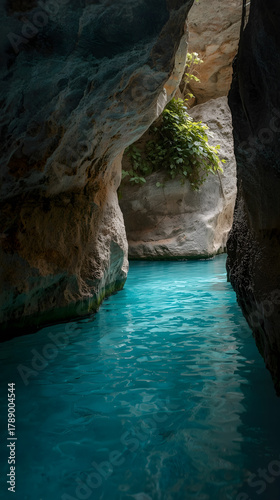 Turquoise glacial meltwater flowing through a narrow canyon with moss-covered rocky walls