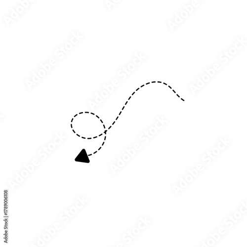 A simple black arrow with a curved and twisted dotted line trajectory, indicating a winding path or direction of movement