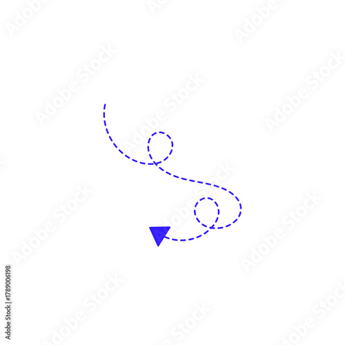 Vector graphic of a whimsical blue dotted line forming a looping path with an arrowhead, symbolizing a dynamic journey or a creative process