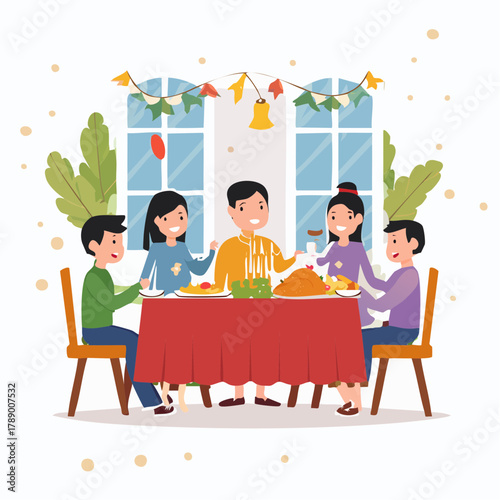 Joyful family celebration with a festive dinner, sharing a delightful meal around a beautifully decorated table under warm candlelight, creating cherished memories together
