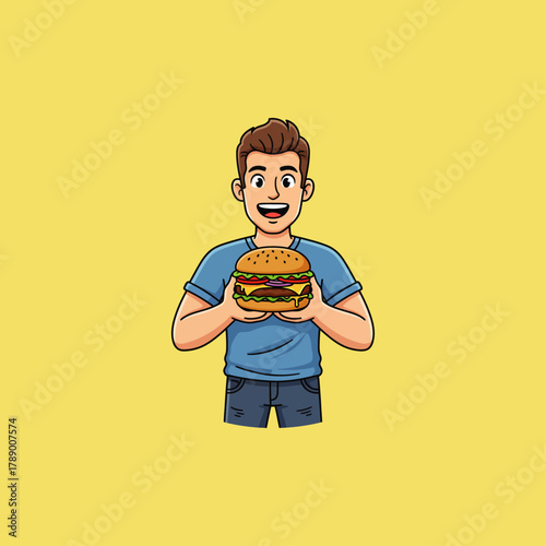 A man with burger icon flat vector design.