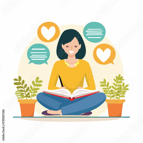 Young woman sitting cross-legged, writing in a notebook, surrounded by plants and speech bubbles with hearts and messages