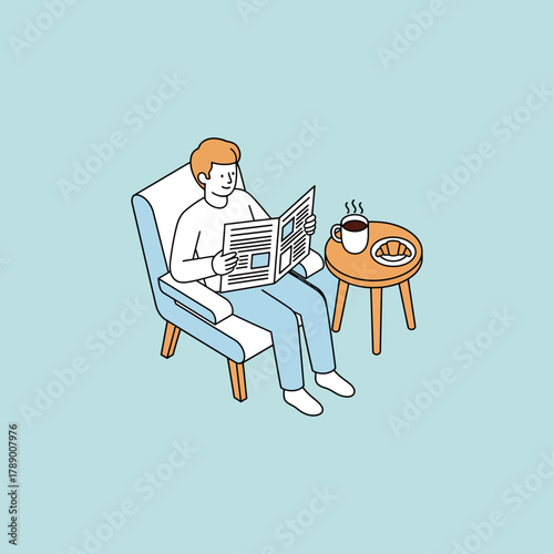 Reading newspaper with coffee icon flat vector design.