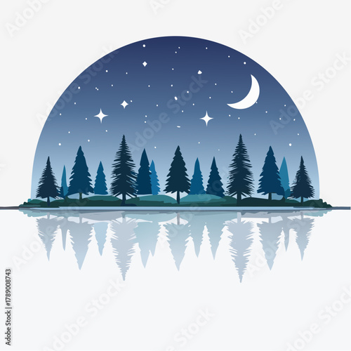 A serene night landscape featuring a crescent moon and stars over a reflective body of water with silhouetted pine trees.