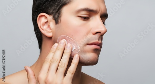 A handsome man applies a clear moisturizing gel or aftershave balm to his cheek for his daily skincare routine.
