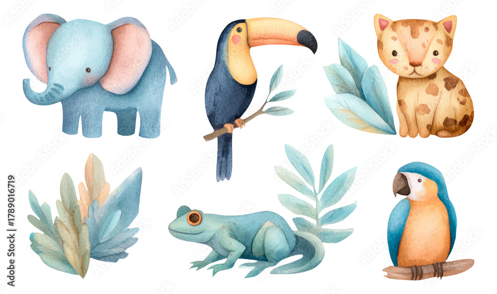 Obraz premium Cute Watercolor Animals with Tropical Plants and Transparent Background
