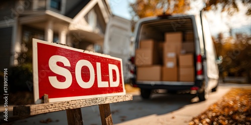 Sold home with moving van full of boxes in driveway