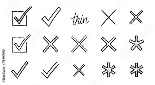 A collection of hand-drawn check marks and crosses, illustrating choices and selections, perfect for design and confirmation elements