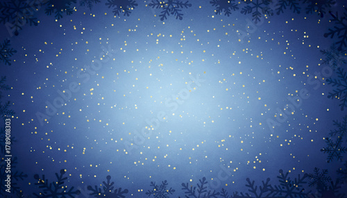 Winter blue background with glowing gold dots and snowflake silhouettes on edges
