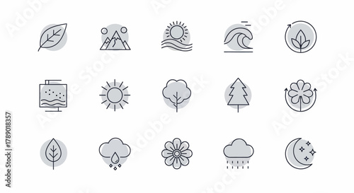 Collection of Nature and Weather Icons in a Simple Line Art Style.