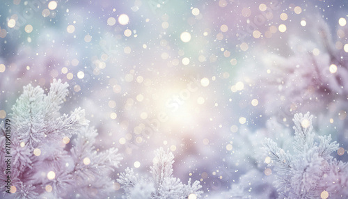 Winter pine branches covered with frost and glowing bokeh lights create dreamy pastel background