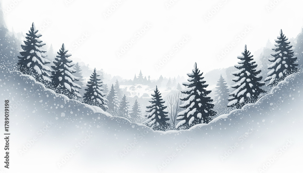 Fototapeta premium Snowy pine tree forest with falling snowflakes and misty winter landscape