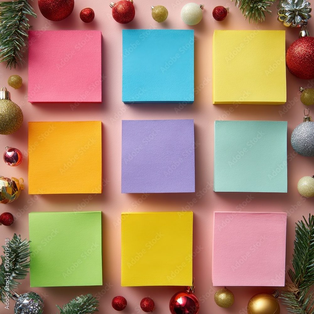 Fototapeta premium Colorful Sticky Notes with Christmas Decorations on Pink Background