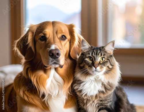 Photo of a cat and dog looking side by side at the camera