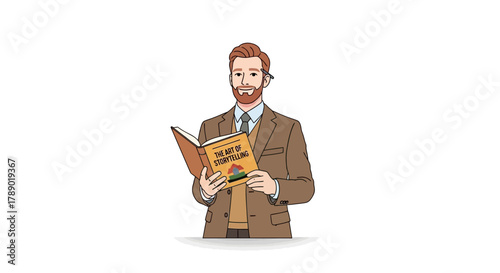 Man in Suit Reading a Book with Focused Expression.