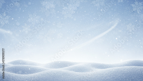Winter snow landscape with soft snowflake overlays and gentle drifting snowflakes