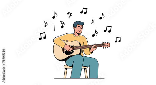 Man playing acoustic guitar surrounded by musical notes illustration.