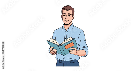 Man engrossed in reading a book with focused expression.