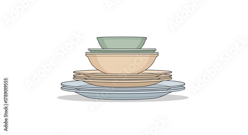 Stack of Dishes and Bowls in a Kitchen Setting.