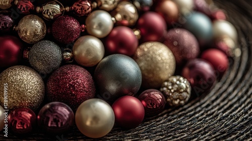 Colorful Christmas Ornaments Arranged on a Textured Surface