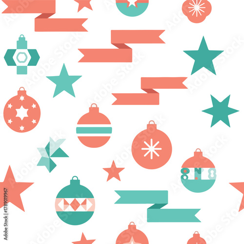 Colorful Christmas ornaments and ribbons on a white background with a festive holiday theme in teal and coral hues.