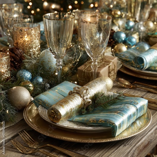 Elegant Christmas Table Setting with Gifts and Decorative Elements