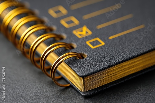 Elegant Black Notebook with Golden Spiral Binding and Minimalist Design