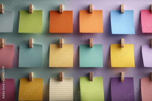 Colorful Notes on Wall with Clips Displaying Creative Organization