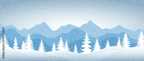 Minimalistic winter landscape, mountains and forest, snowdrifts and snowfall, cartoon nature, vector illustration