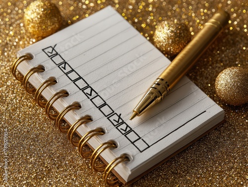 Elegant Gold Pen and Notebook on Sparkling Golden Surface