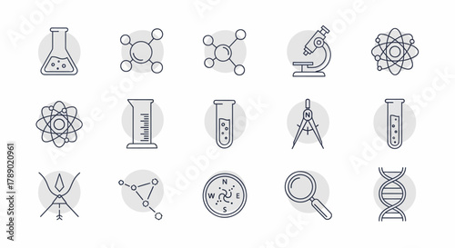 Science and Research Icons - Chemistry, Biology, and Scientific Equipment.