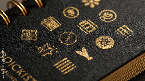 Elegant Black Notebook Cover with Gold Foil Icons and Symbols
