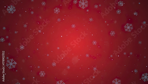 Red background with glowing snowflakes and scattered white dots creating festive winter