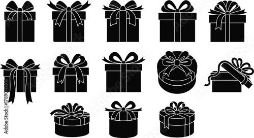 Assorted gift box and present silhouettes with ribbons and bows isolated on white background, Vector, illustration